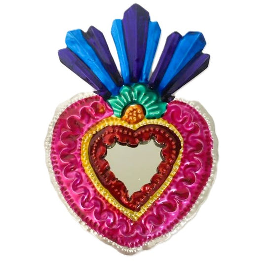 Mexican Tin Hearts - Heart with Mirror Pink Frame