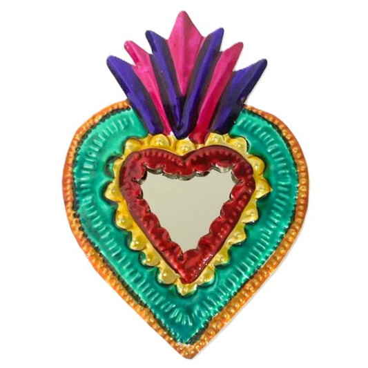 Mexican Tin Hearts - Heart with Mirror Green Frame