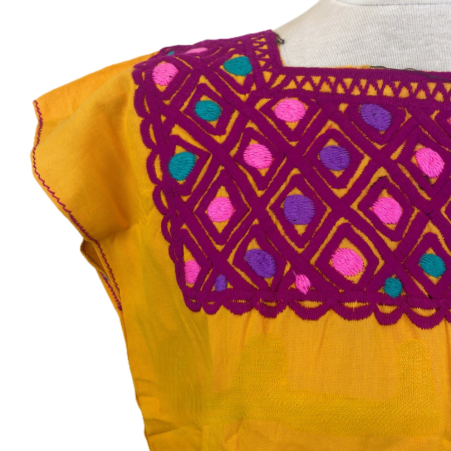 Mexican Embroidered Huipil Maya Top Organic Cotton Manta Mustard & Pink- One Size XS to M
