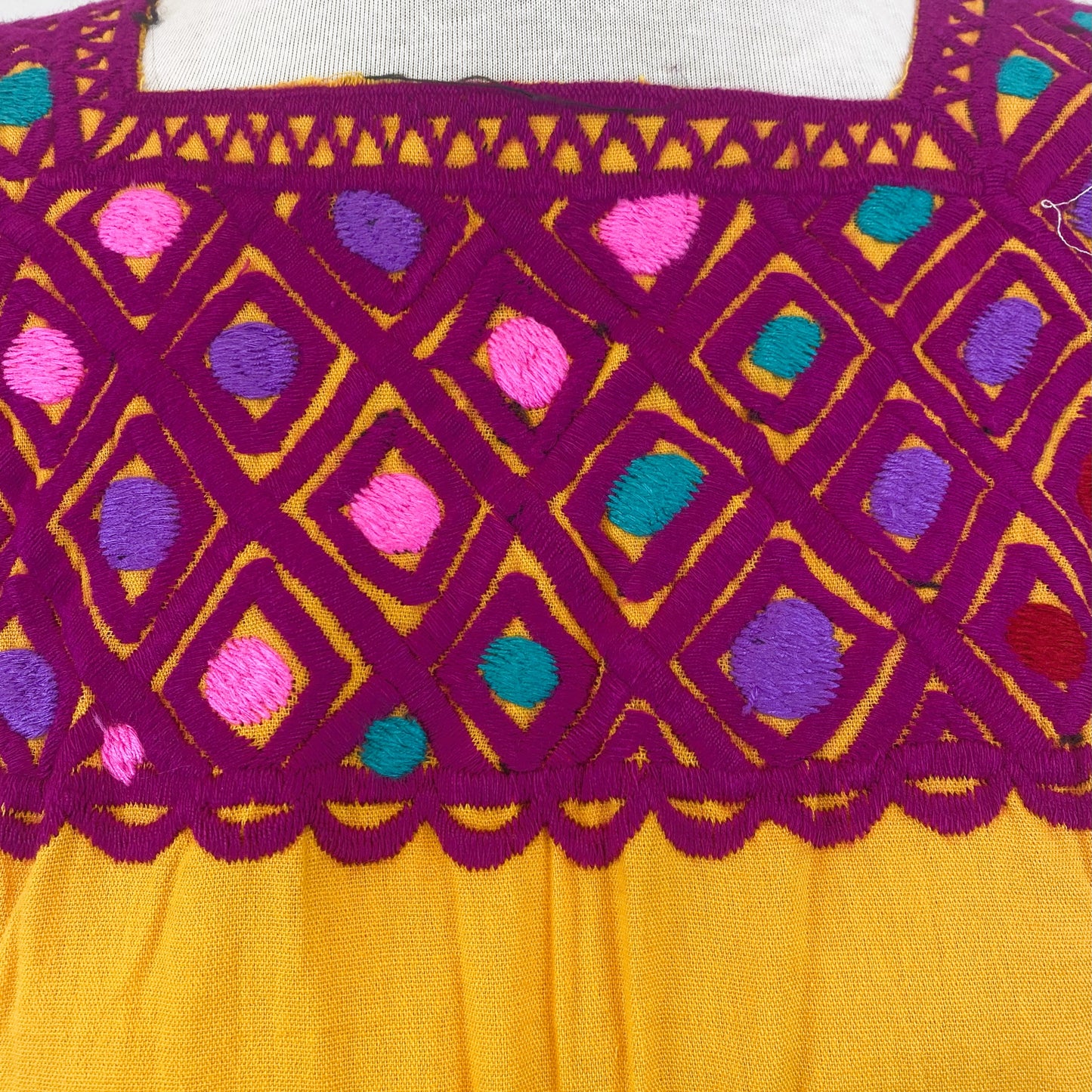 Mexican Embroidered Huipil Maya Top Organic Cotton Manta Mustard & Pink- One Size XS to M