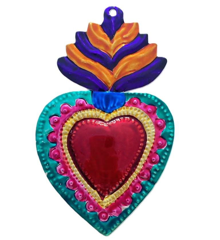 Mexican Tin Hearts - Orange Purple Top