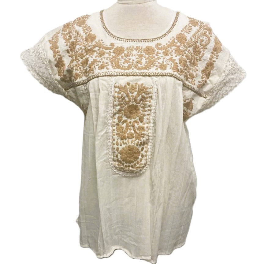 Hand Embroidered Mexican Blouse - Manta Organic Beige Cotton Floral Top XL