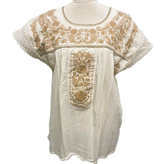 Hand Embroidered Mexican Blouse - Manta Organic Beige Cotton Floral Top XL