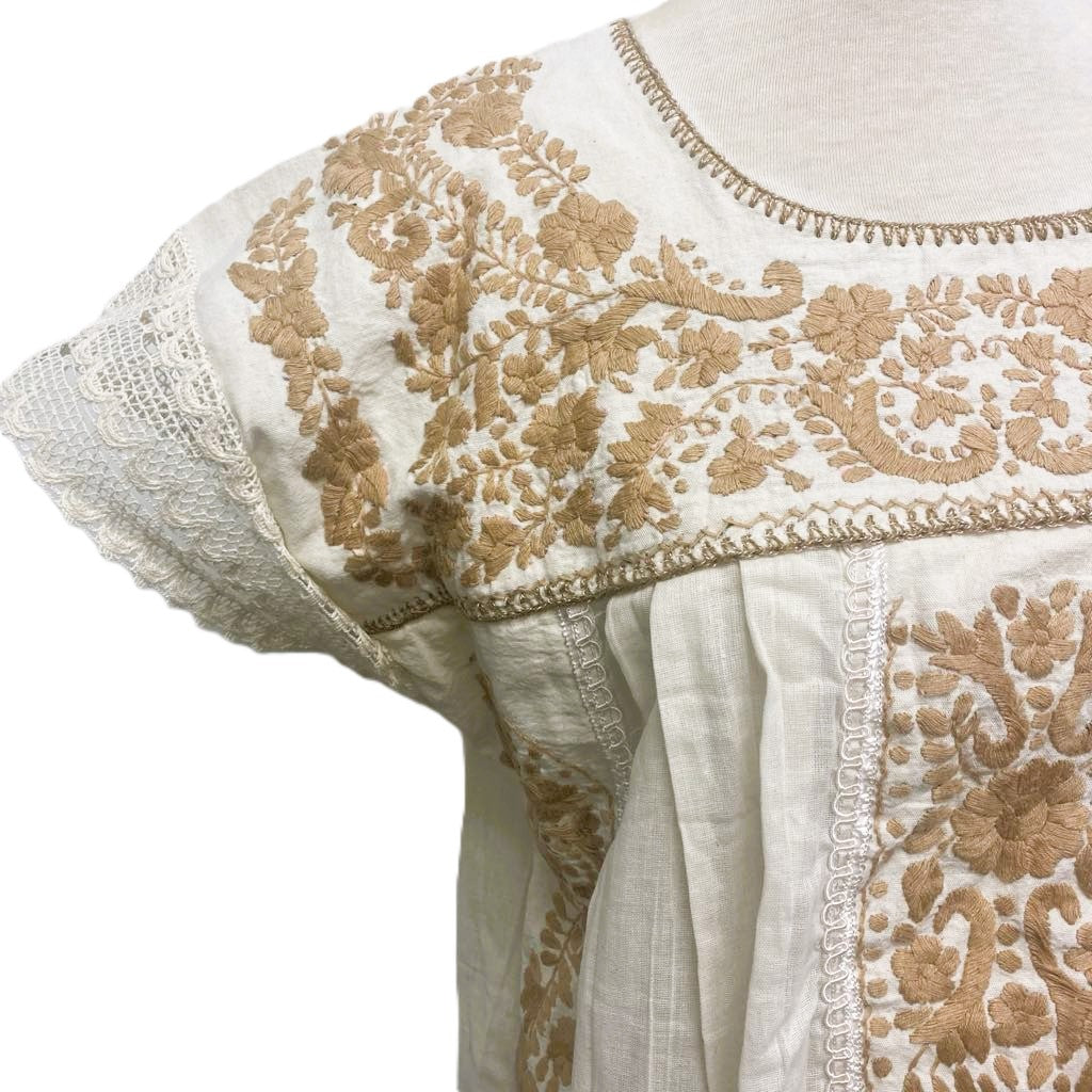 Hand Embroidered Mexican Blouse - Manta Organic Beige Cotton Floral Top XL
