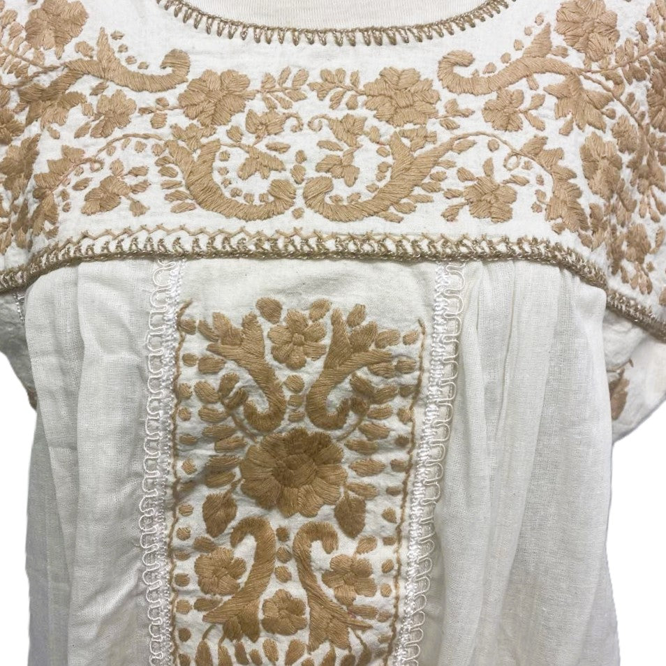 Hand Embroidered Mexican Blouse - Manta Organic Beige Cotton Floral Top XL