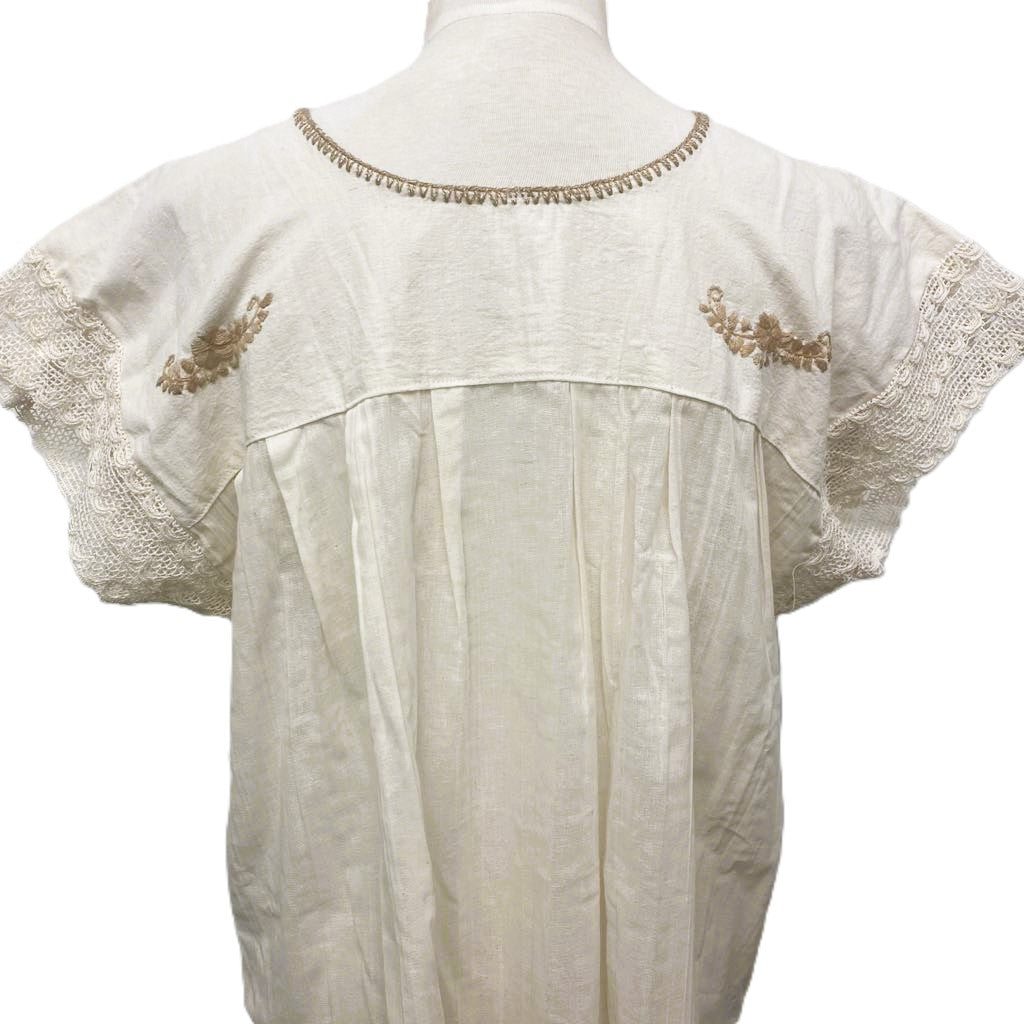 Hand Embroidered Mexican Blouse - Manta Organic Beige Cotton Floral Top XL