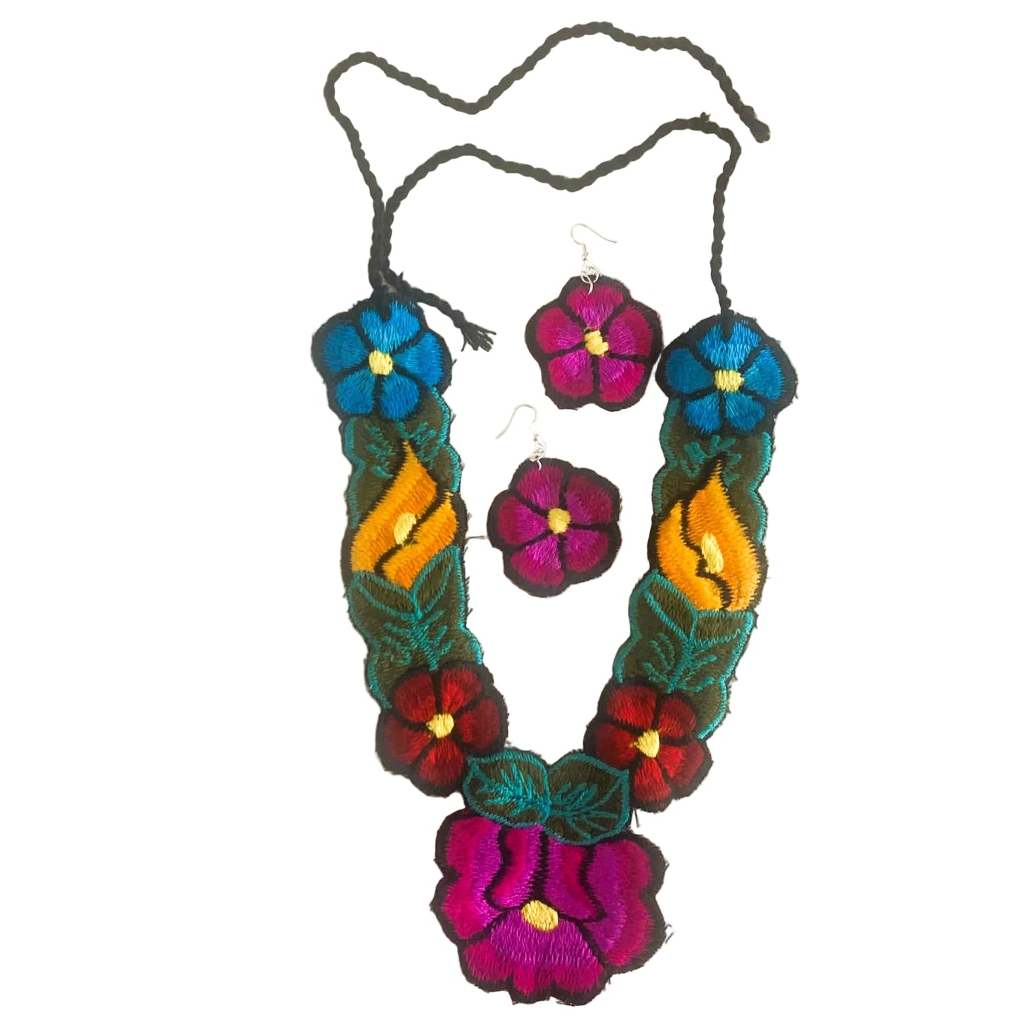 Colorful floral necklace and earrings on a white background