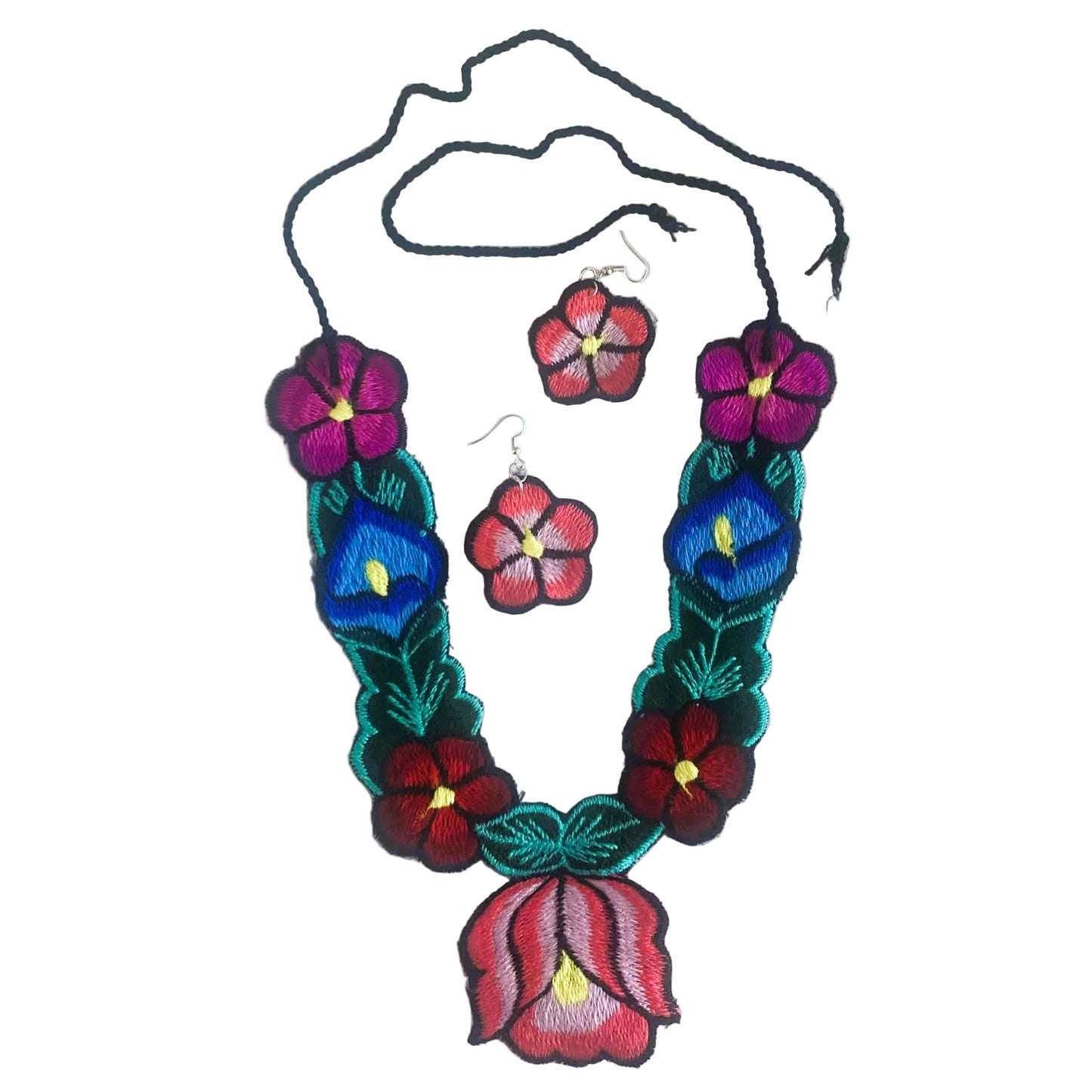 Floral necklace and earrings set on a white background