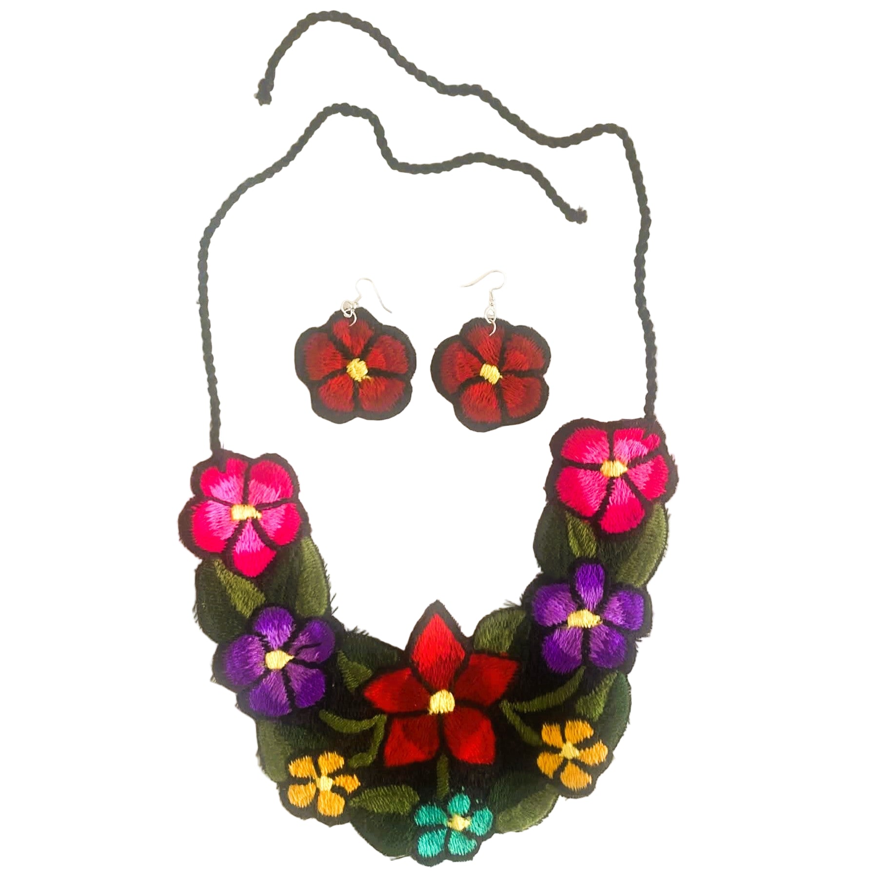 Floral necklace and earrings set on a white background