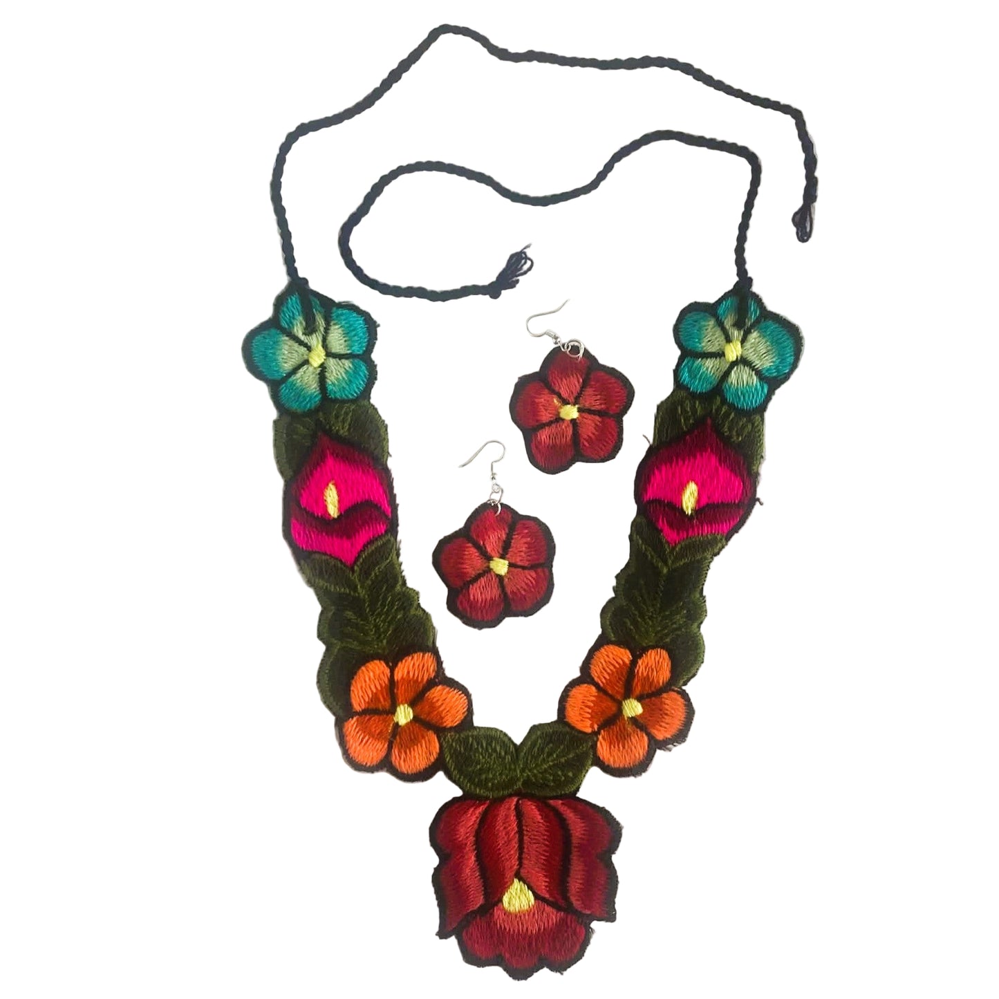 Floral necklace and earrings set on a white background