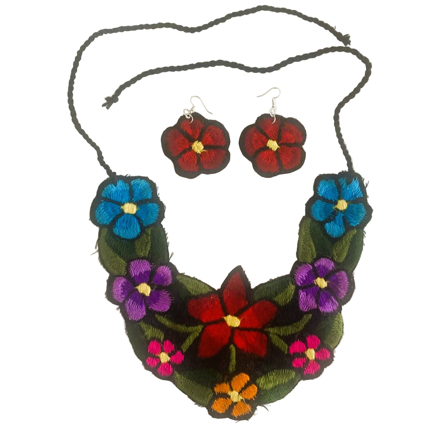 Jewelry set with floral necklace and earrings on a white background