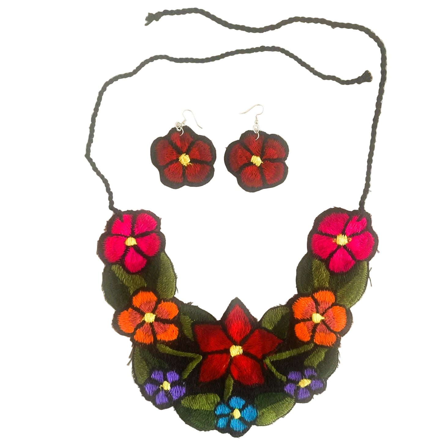 Floral necklace and earrings set on a white background