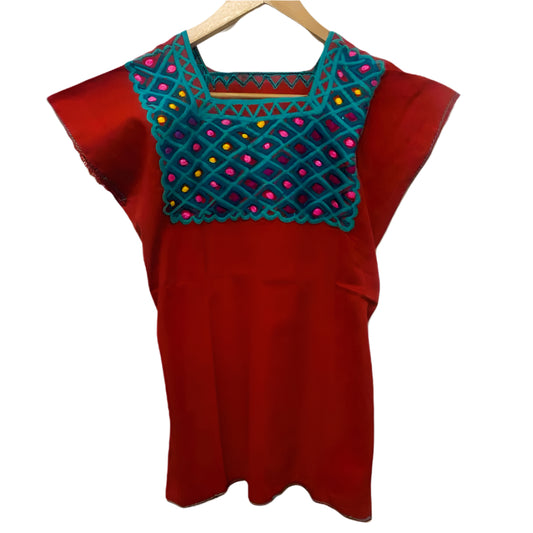 Mexican Embroidered Huipil Maya Top Organic Cotton Manta Red & Green - One Size XS to M