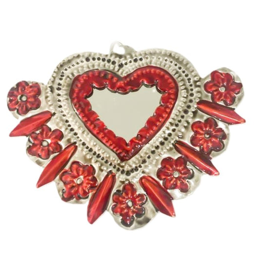 Mexican Tin Hearts - Heart with Mirror Burst of Flowers Red & Silver