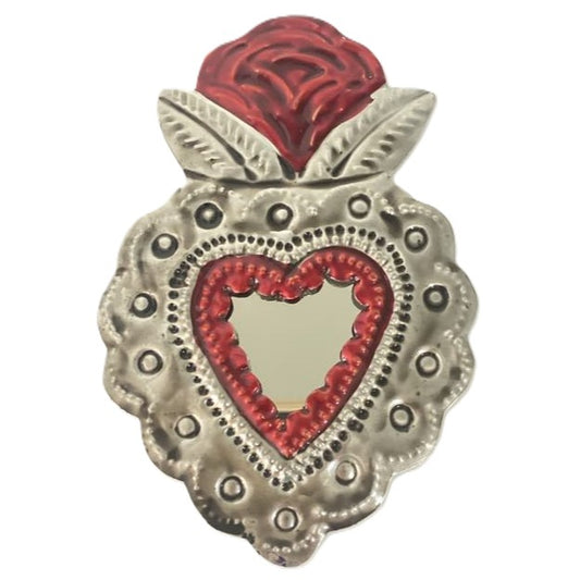 Mexican Tin Hearts - Heart with Mirror Carnation on top Red & Silver