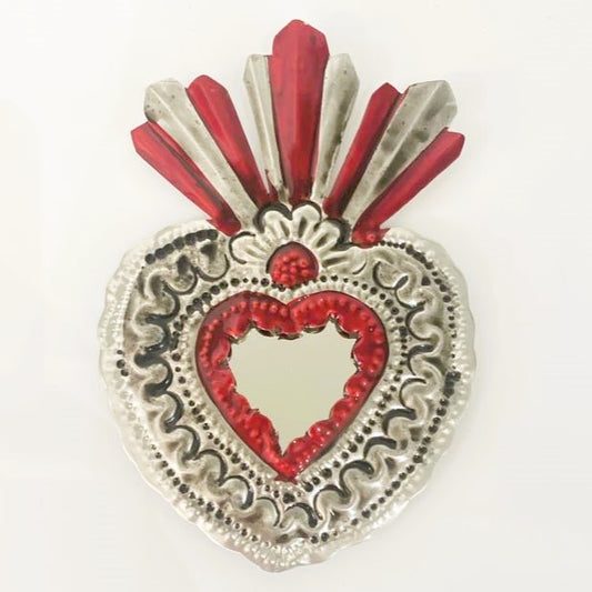 Mexican Tin Hearts - Heart with Mirror and waves around Red & Silver