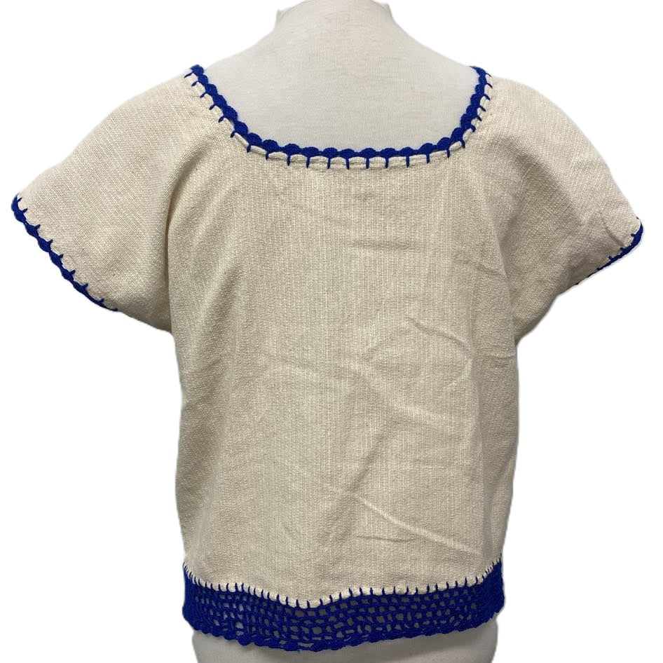 Traditional Treadle Loom Huipil Top - Made in Oaxaca - Blue- Size Small