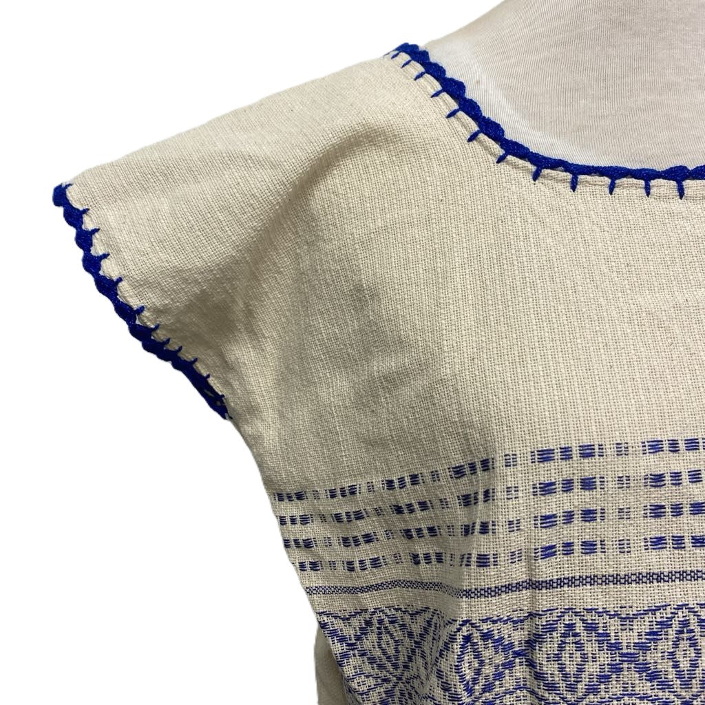 Traditional Treadle Loom Huipil Top - Made in Oaxaca - Blue- Size Small