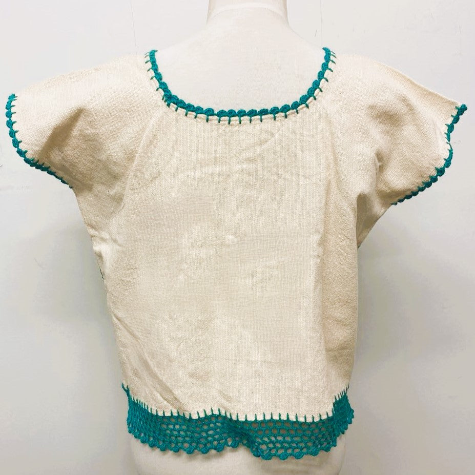 Traditional Treadle Loom Huipil Top - Made in Oaxaca - Turquoise - One Size S to M