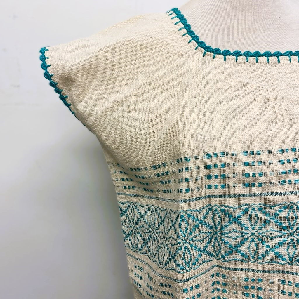Traditional Treadle Loom Huipil Top - Made in Oaxaca - Turquoise - One Size S to M
