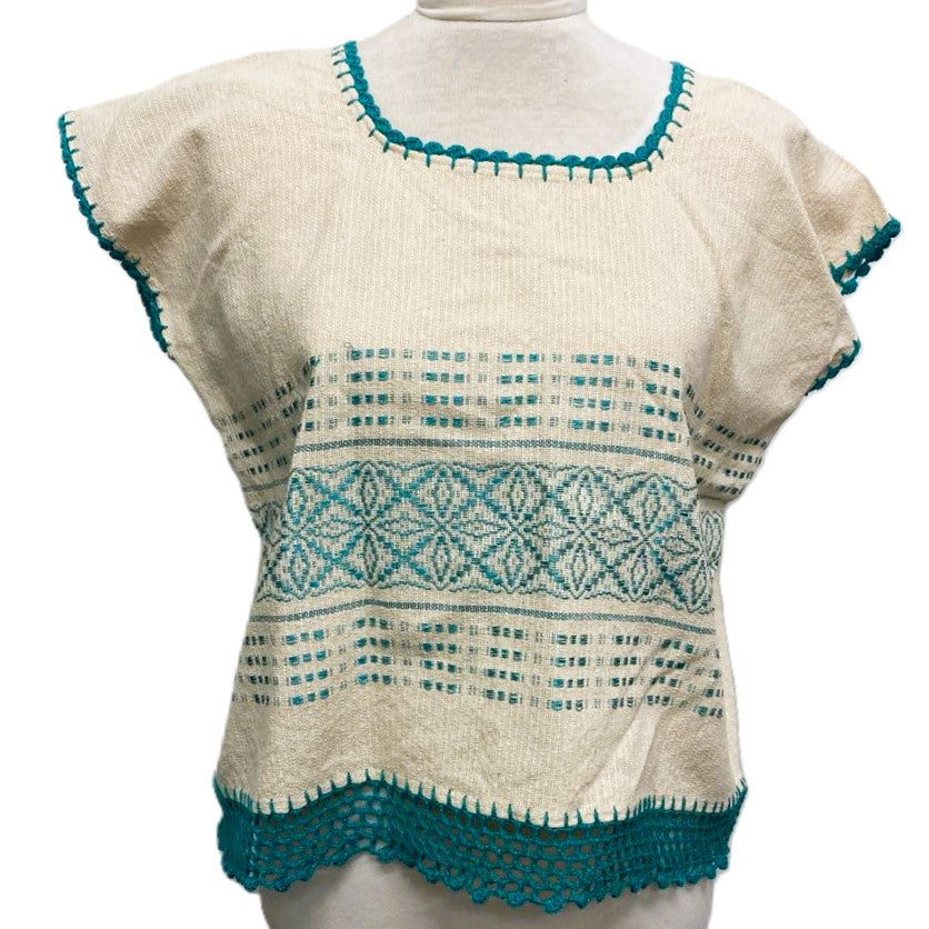 Traditional Treadle Loom Huipil Top - Made in Oaxaca - Turquoise - One Size S to M
