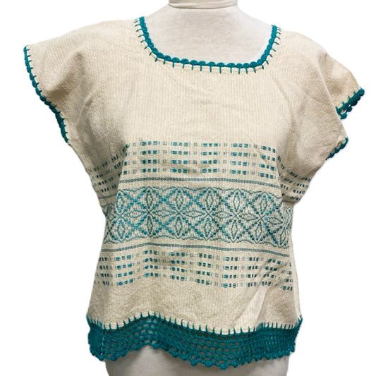 Traditional Treadle Loom Huipil Top - Made in Oaxaca - Turquoise - One Size S to M