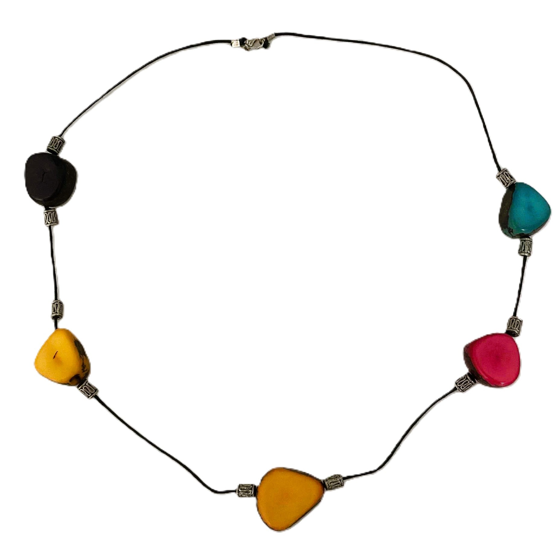 Necklace with colorful heart-shaped beads on a white background