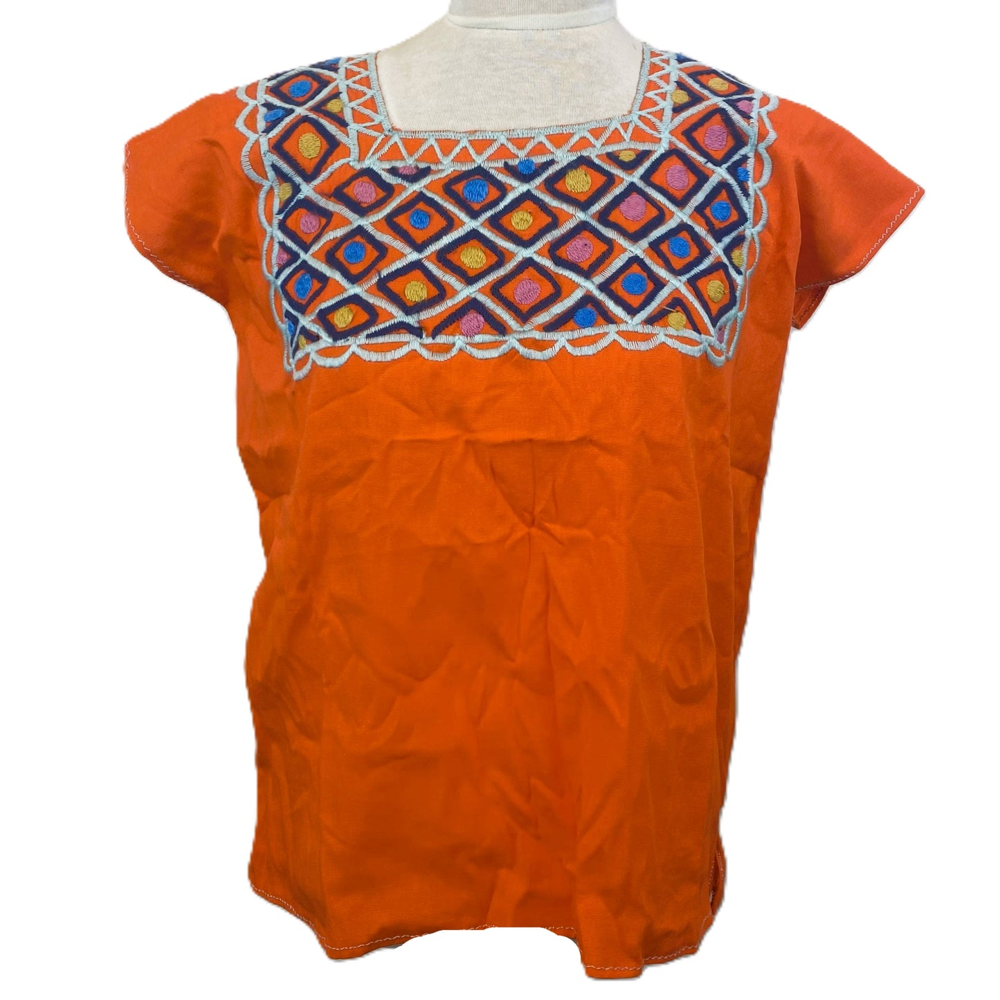Mexican Embroidered Huipil Maya Top Organic Cotton Manta Tangerine - One Size XS to M
