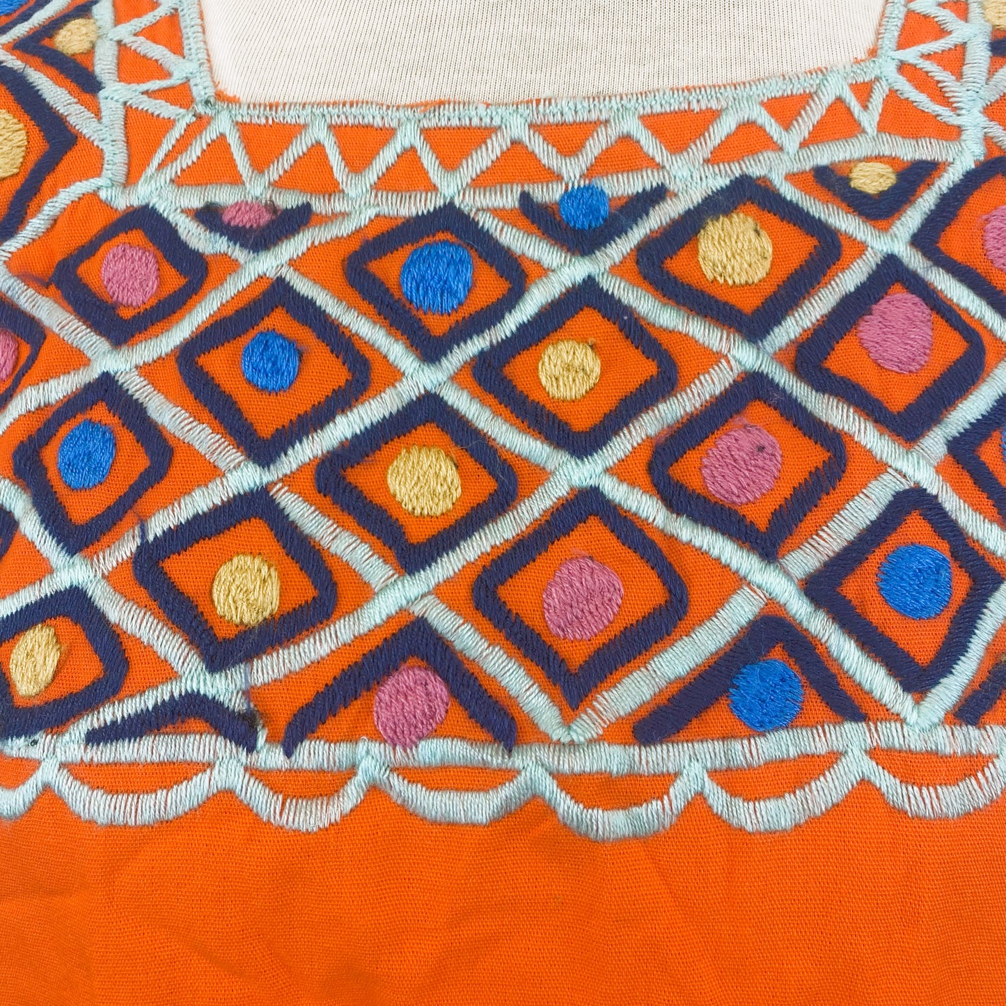 Mexican Embroidered Huipil Maya Top Organic Cotton Manta Tangerine - One Size XS to M