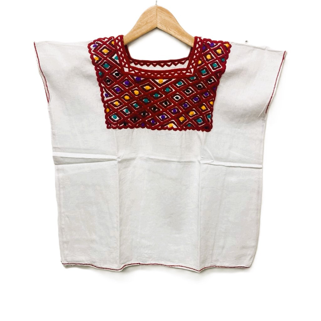 Mexican Embroidered Huipil Maya Top Organic Cotton Manta White & Red- One Size XS to M