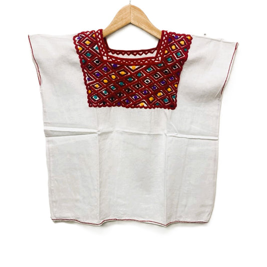 Mexican Embroidered Huipil Maya Top Organic Cotton Manta White & Red- One Size XS to M