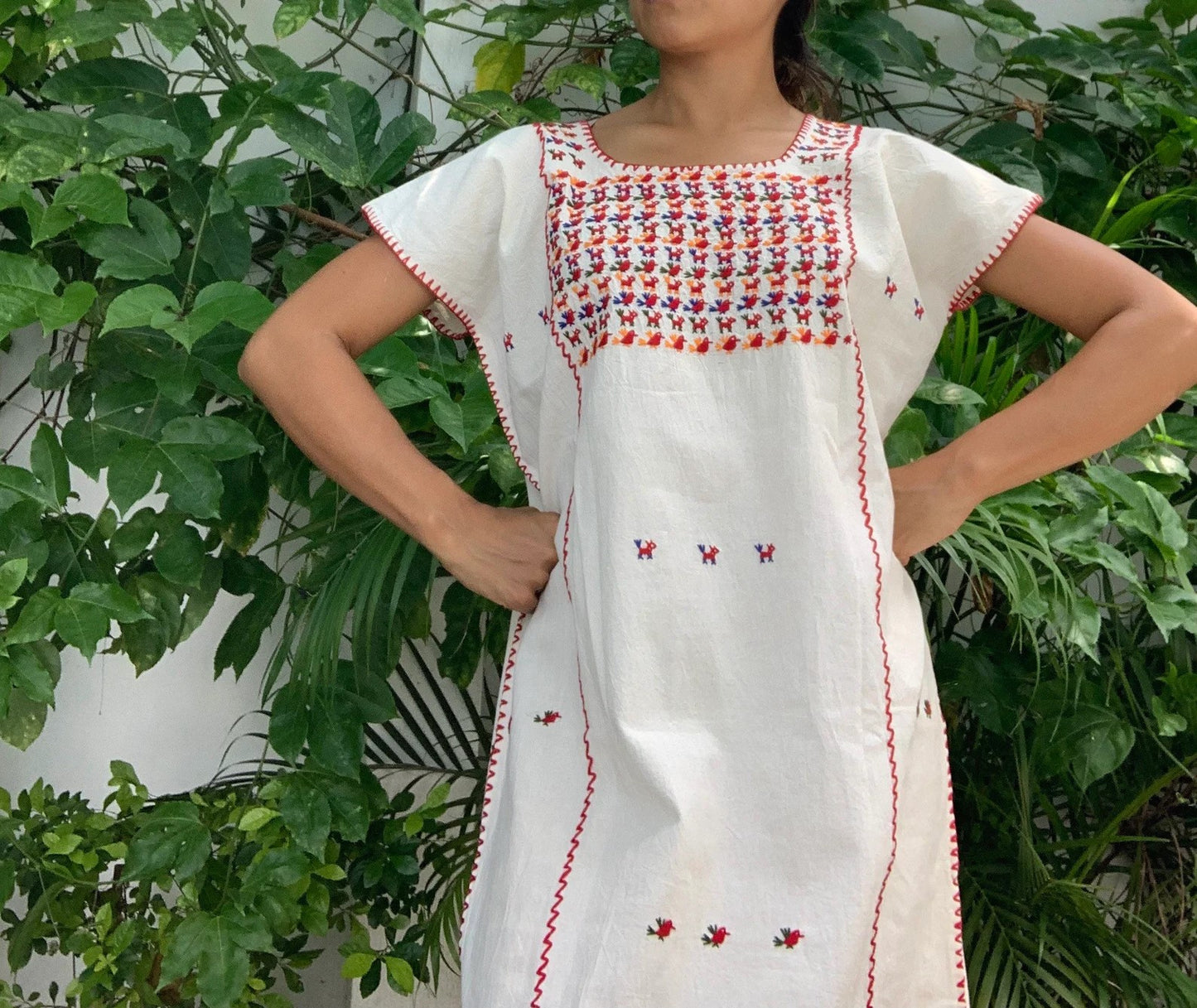 Mexican Manta Dress Oaxaca: Organic Huipil Cotton -Los Venados - One Size S-M