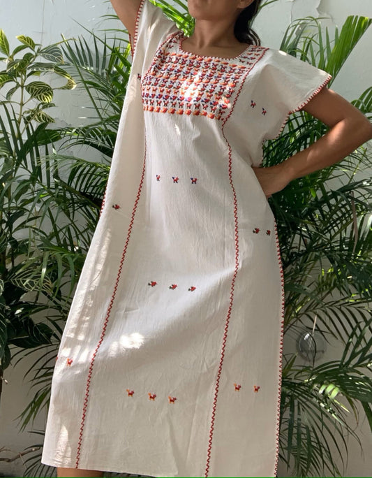 Mexican Manta Dress Oaxaca: Organic Huipil Cotton -Los Venados - One Size S-M
