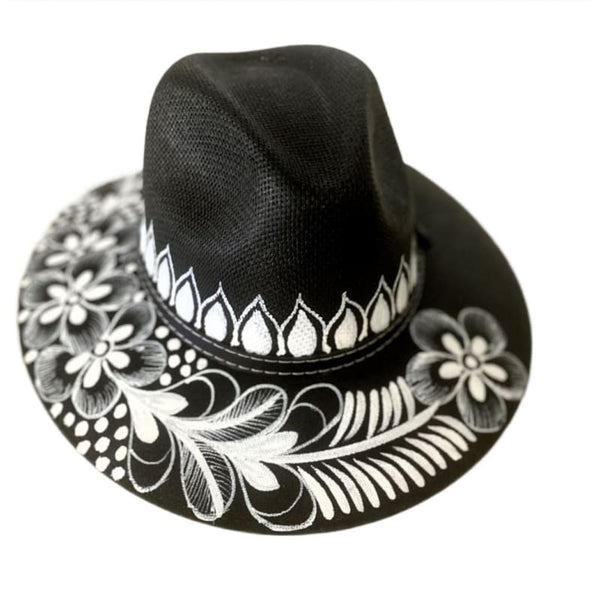 Mexican Artisanal Hat Hand Painted Fedora Style - Black