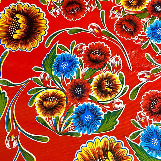 Mexican Oilcloth Fabric Red Mum Flowers