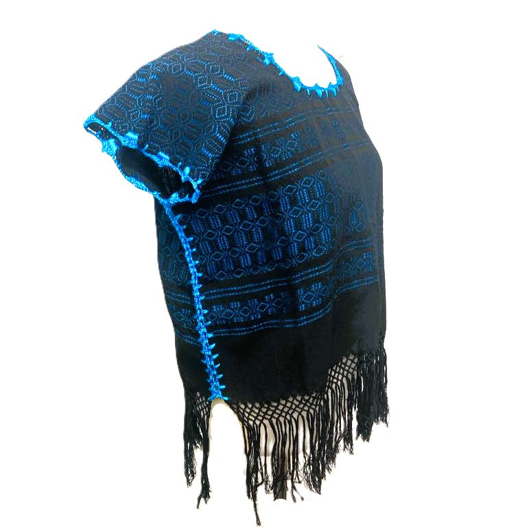 Traditional Treadle Loom Huipil Top- Made in Oaxaca - One Size - S to M - Blue