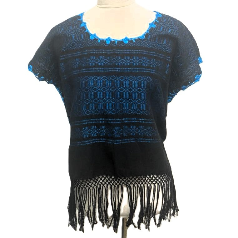 Traditional Treadle Loom Huipil Top- Made in Oaxaca - One Size - S to M - Blue