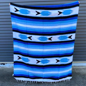 Mexican Floor Rug Fish - Blue & White