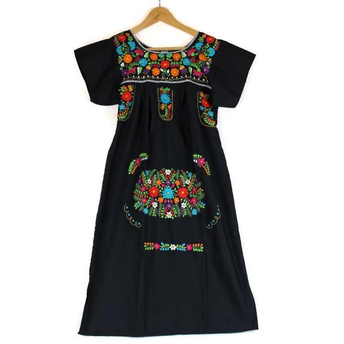 Adult Dress: Black Mexican Embroided Boho - Colours of Mexico