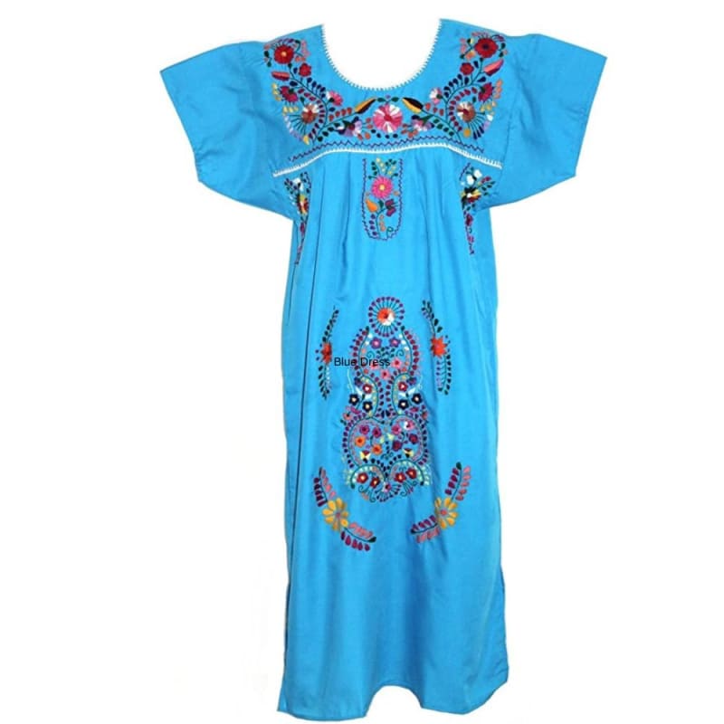 Adult Dress: Light Blue Mexican Embroided Boho - dress