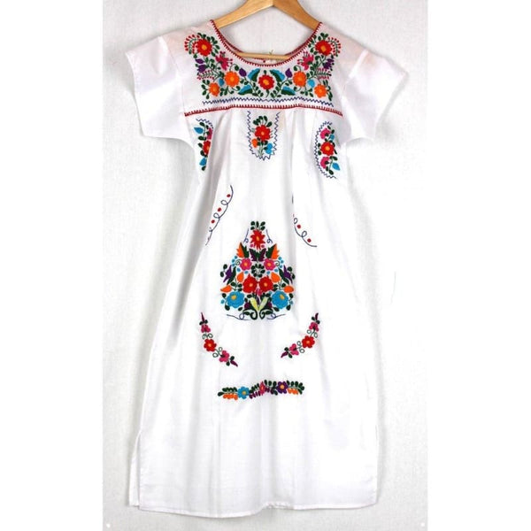 Adult Dress: White Mexican Embroided Boho - Colours of Mexico