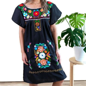 Adult Short Dress: Black Mexican Embroided Boho Knee Lenght