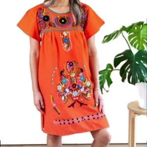 Adult Short Dress: Orange Mexican Embroided Boho Knee Lenght