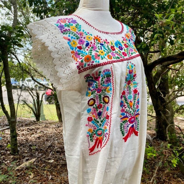 Artisanal Adult Hand Embroider Mexican Dress: Organic Cotton