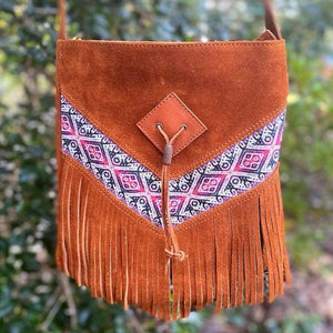Boho Leather Shoulder Bag with Tassels Handmade Ecuador -