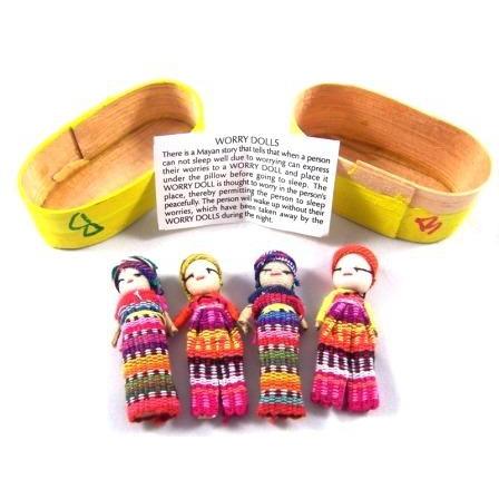 Four Large Worry Dolls In A Traditional Wooden Box - Colours of Mexico