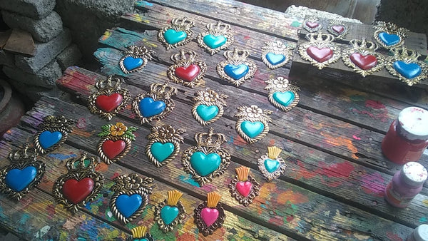 Lux Mexican Tin Heart Hand Painted with Magnet - Turquoise
