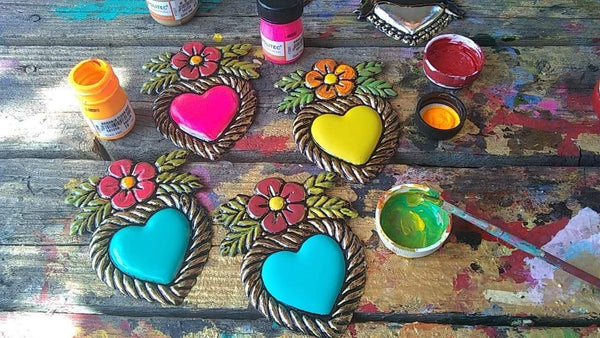 Lux Mexican Tin Heart with Flower on Top Hand Painted with Magnet - Turquoise