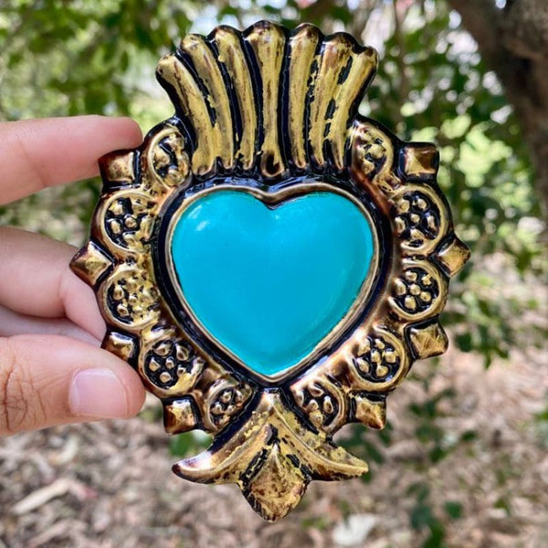 Lux Mexican Heart Hand Painted with Magnet - Turquoise - Tin