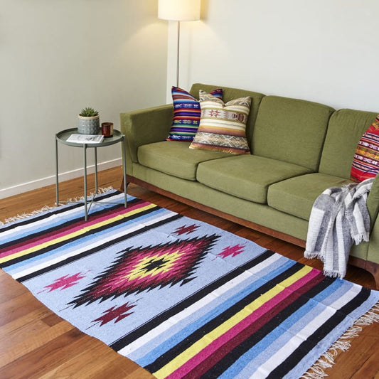 Mexican Floor Rug Aztec design Multicoloured: Light Blue - 